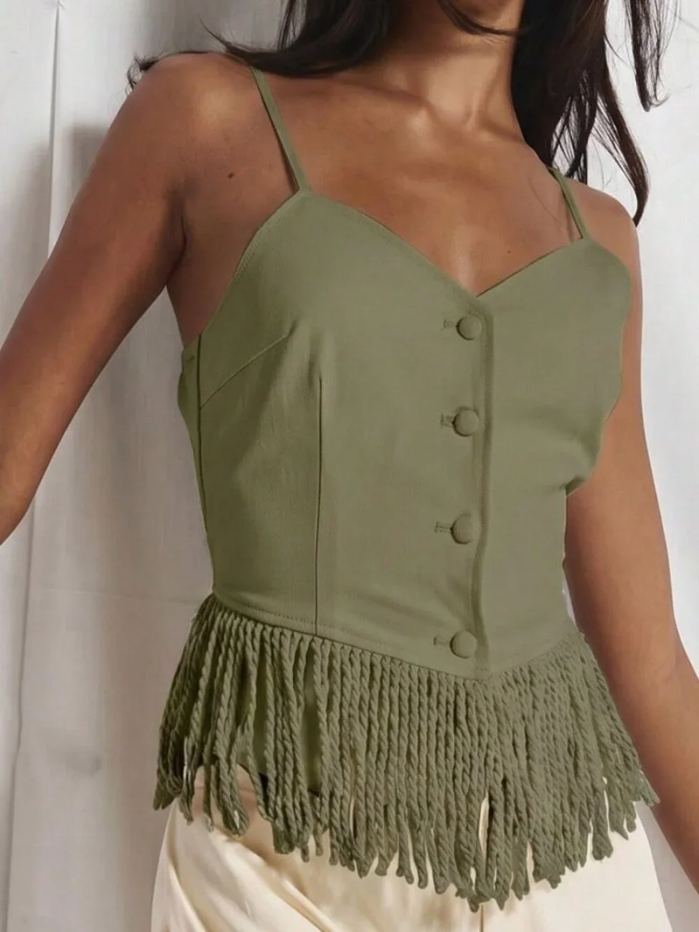 Casual Women's V Neck Button Detail Fringed Tassle Hem Top